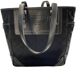 Coach Legacy Signature Black Canvas, Leather trim, top handle tote